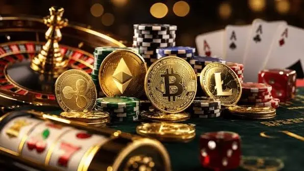 Cryptocurrency coins with casino chips, cards and a roulette wheel